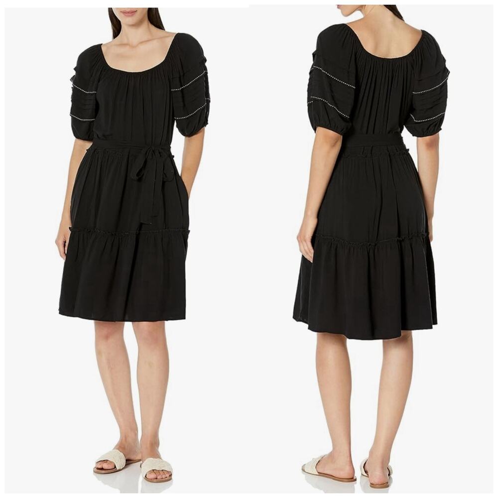 Karen Kane Black Boho Short Puff Sleeve Tiered Midi Dress Size Small